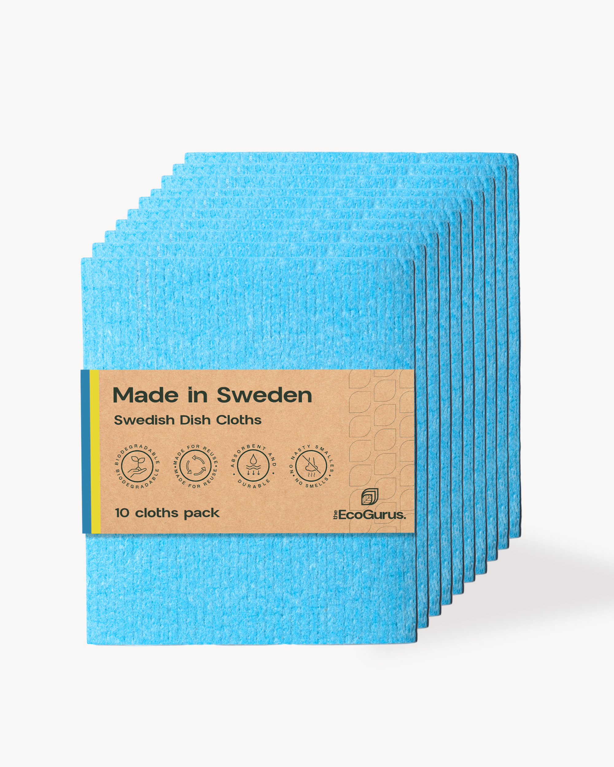 Stack of blue Swedish dish cloths with a cardboard label on a white background