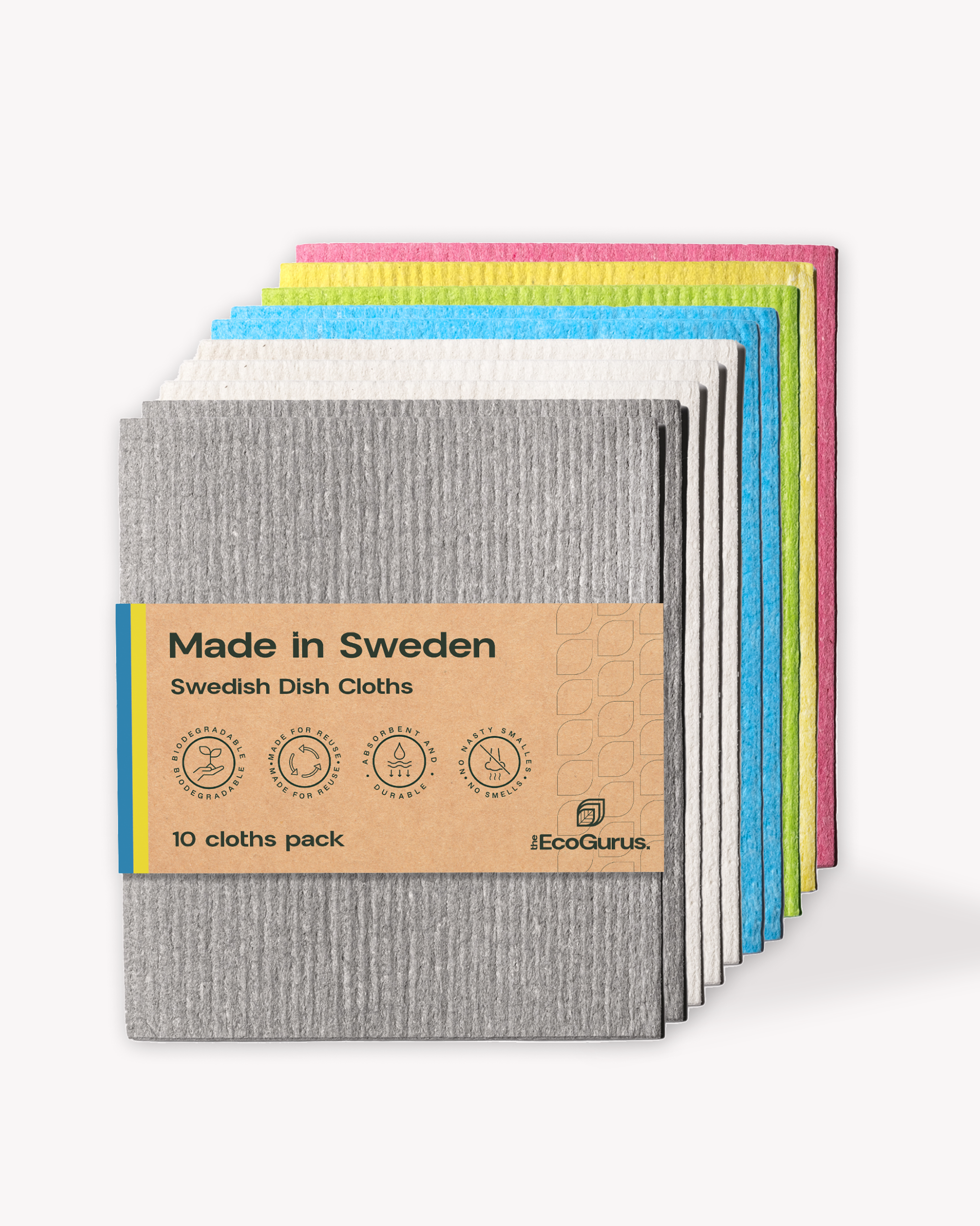 Collection of swedish dish cloths 10 pack by EcoGurus in variety of colours: grey, white, blue, green, yellow and pink.