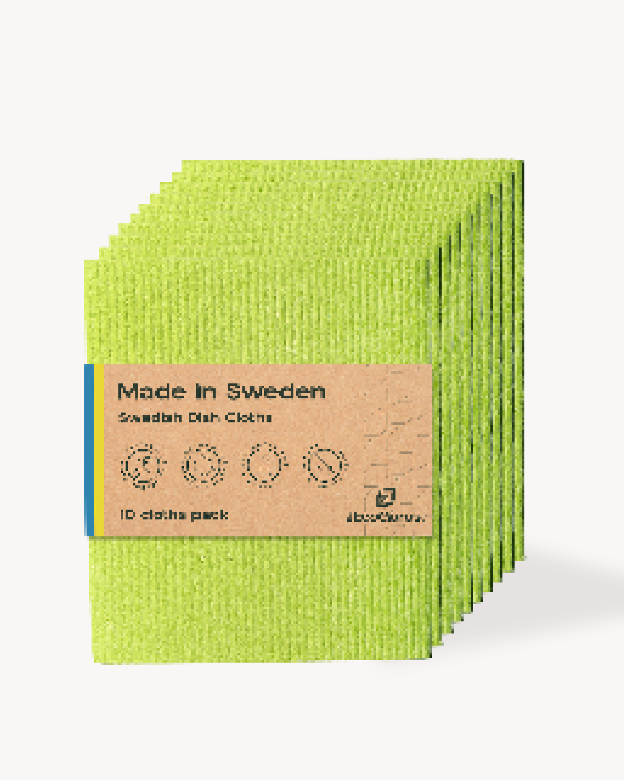 Stack of green Swedish dish cloths with a label on a white background