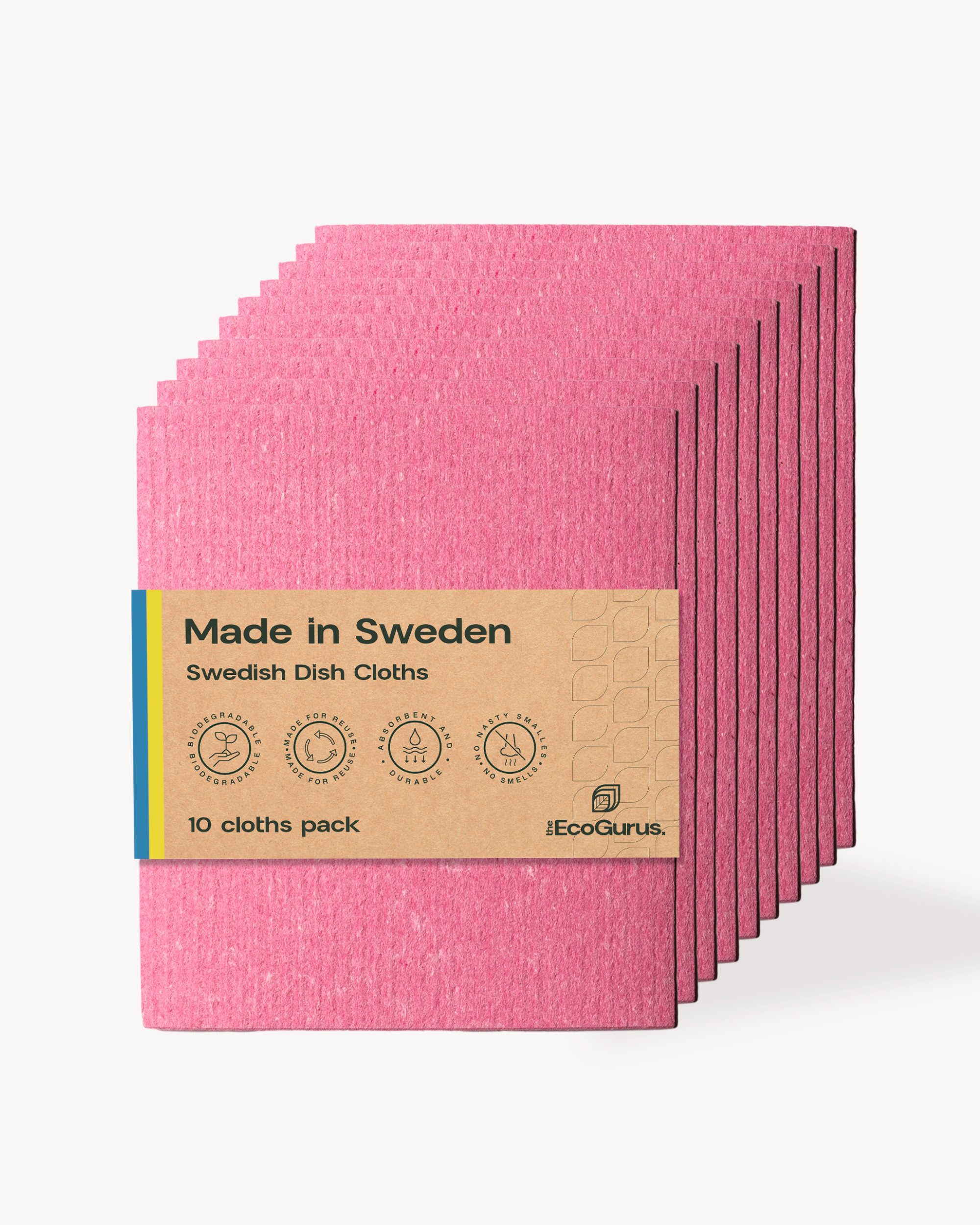 Pack of pink Swedish dish cloths by EcoGurus with a cardboard label on a white background