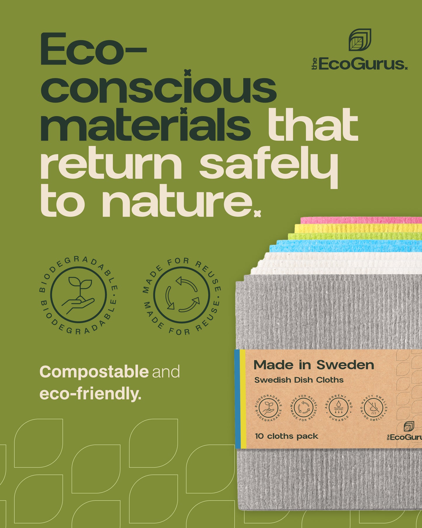 The EcoGurus Swedish Dishcloths, 10 Pack, Grey