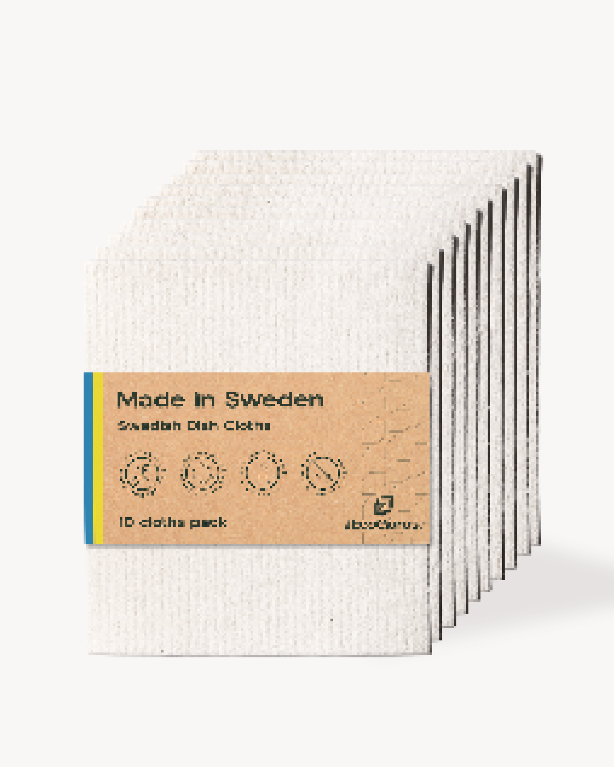 Set of Swedish dish cloths with a cardboard label on a white background