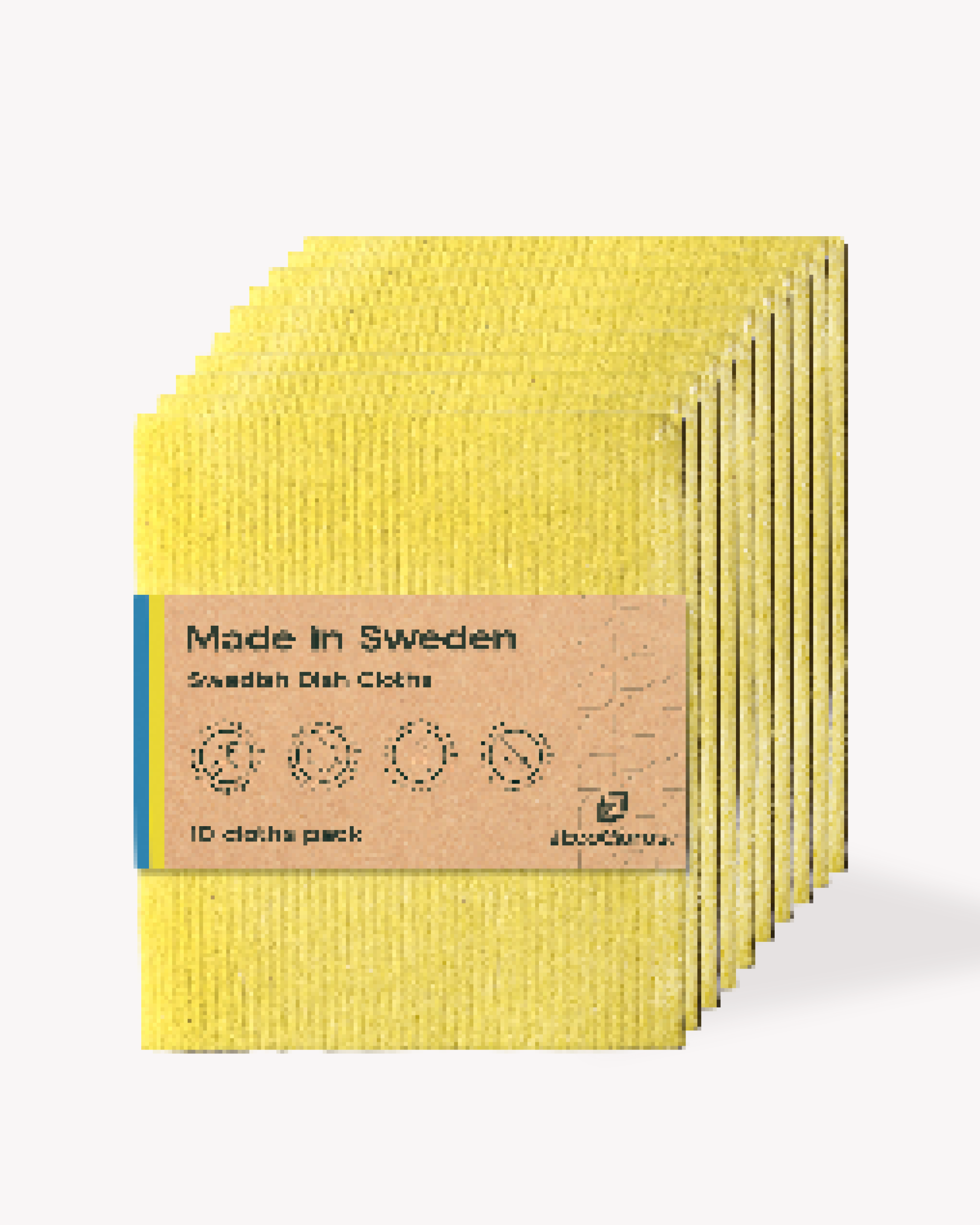 Pack of yellow Swedish dish cloths with a cardboard label on a white background